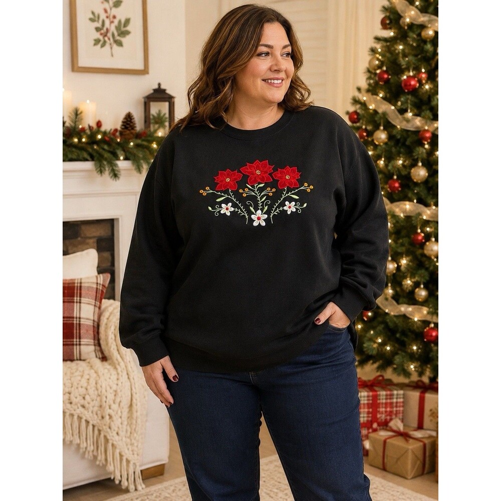 Classic Elements Woman 20-22W Black Poinsettia Embroidered Grannycore Sweatshirt